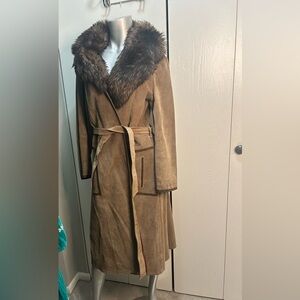 Vintage Brown Penny Lane Faux Fur Lamb Suede Leather Collar Coat